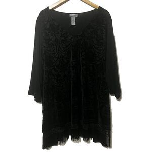 Catherine's Women's 2X Black Velvet Floral Burnout Tunic Top Fringe‎ 3/4 Sleeve